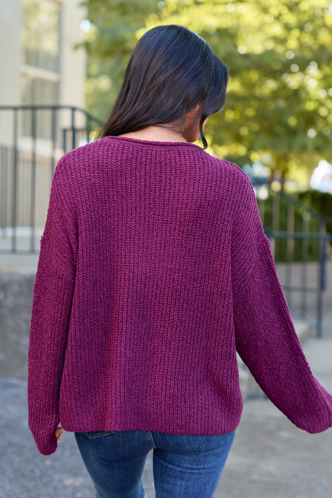 Mckenzie Wine Open Knit V-Neck Sweater