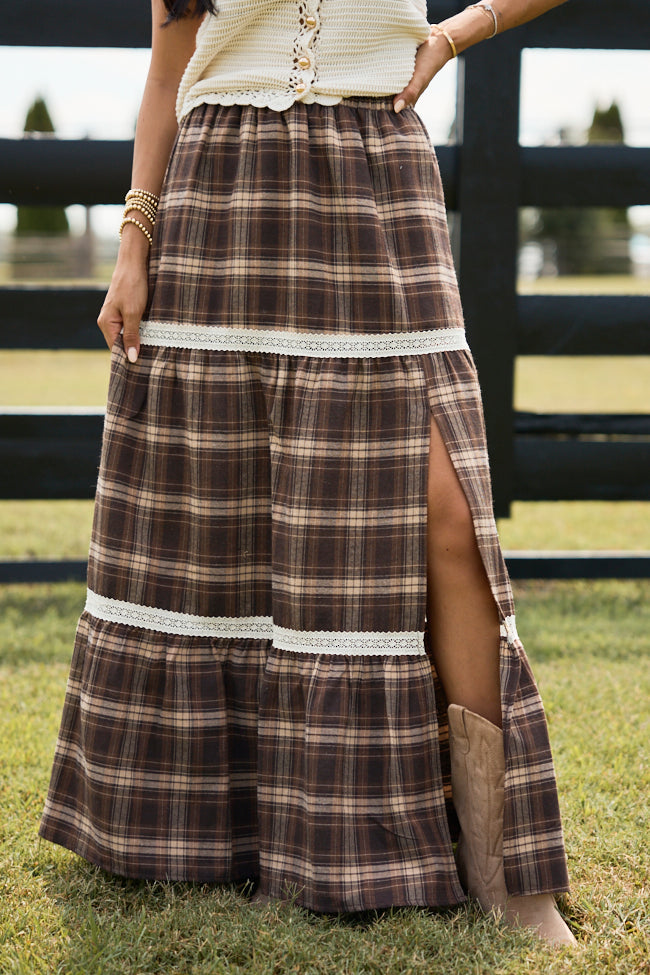 Meet Me Outdoors Brown Plaid Tiered Maxi Skirt