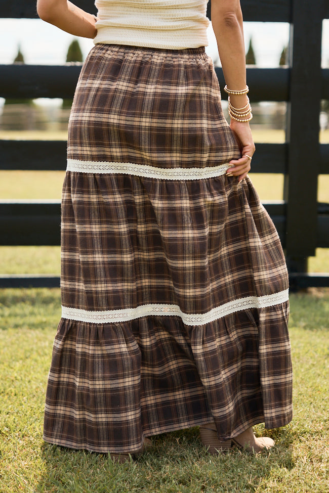 Meet Me Outdoors Brown Plaid Tiered Maxi Skirt