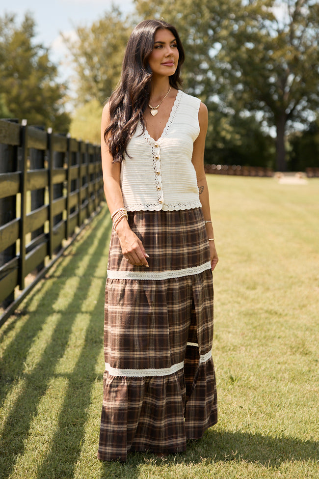 Meet Me Outdoors Brown Plaid Tiered Maxi Skirt