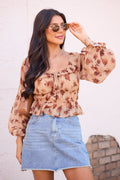 Melana Brown Floral Peasant Top FINAL SALE