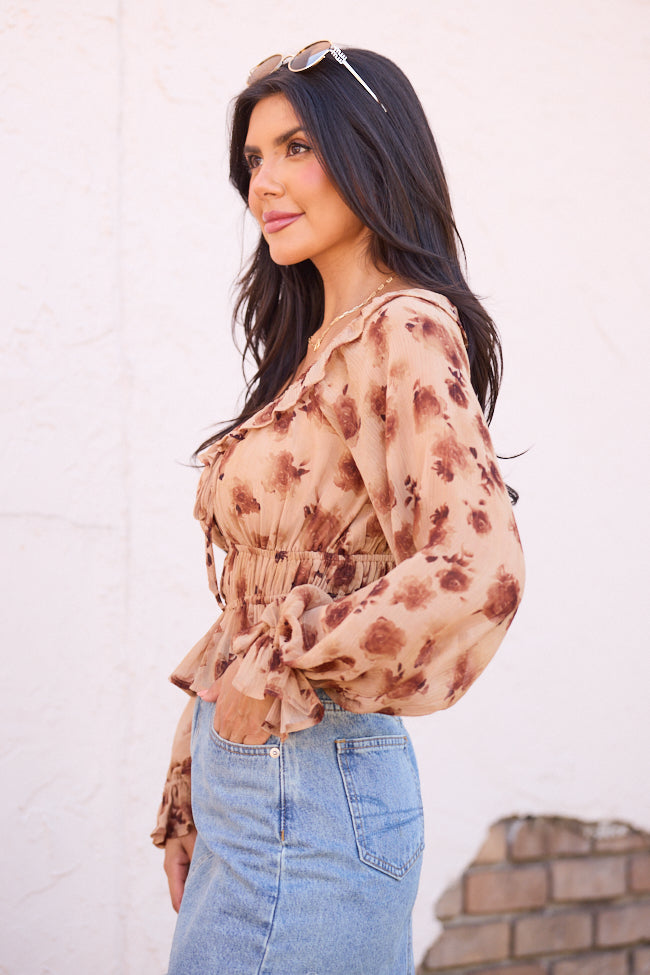 Melana Brown Floral Peasant Top FINAL SALE