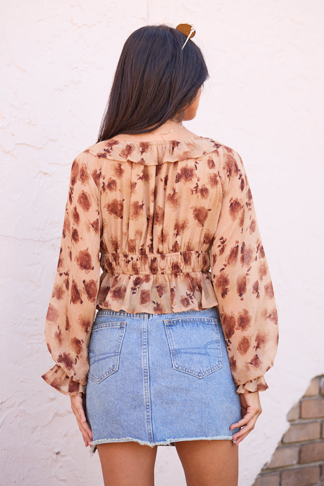 Melana Brown Floral Peasant Top FINAL SALE