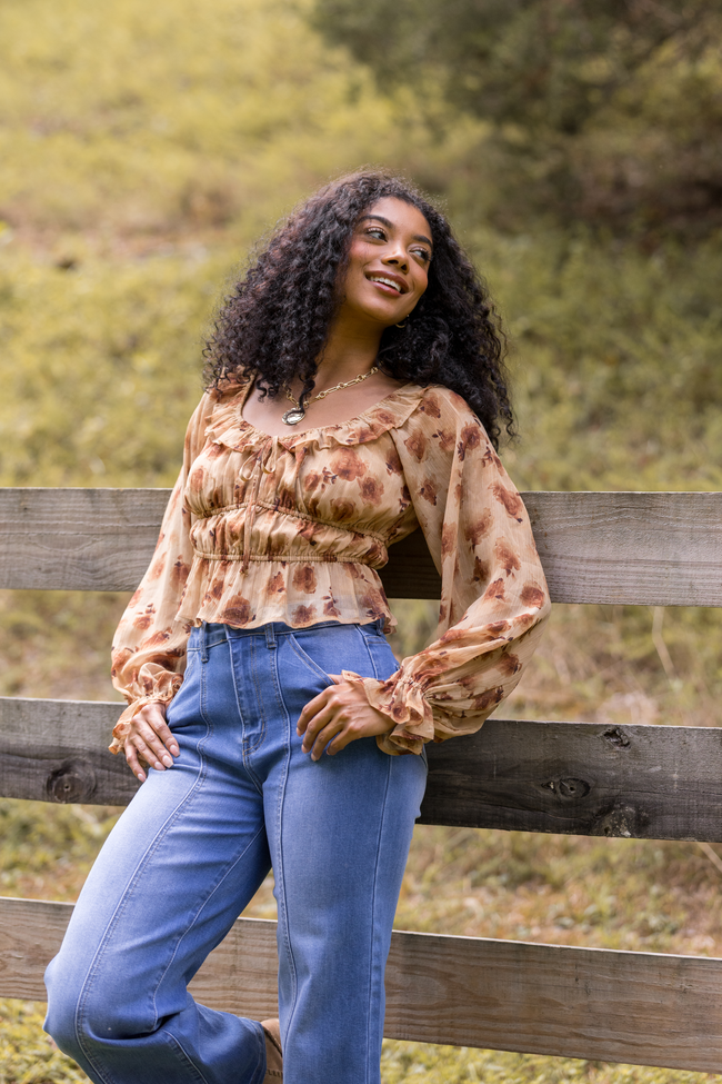 Melana Brown Floral Peasant Top FINAL SALE