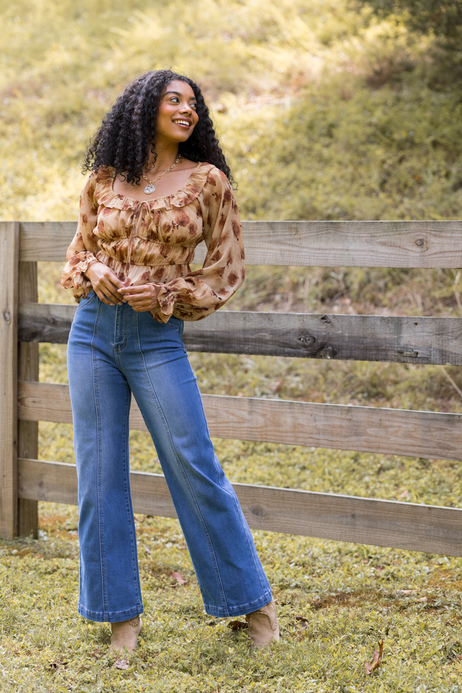 Melana Brown Floral Peasant Top FINAL SALE