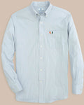The front view of the Southern Tide Miami Hurricanes Gingham Button Down Shirt by Southern Tide - Slate Grey