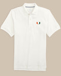 The front view of the Miami Hurricanes New Short Sleeve Skipjack Polo by Southern - Classic White