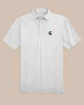 The front view of the Southern Tide Michigan State Spartans Driver Spacedye Polo Shirt by Southern Tide - Slate Grey