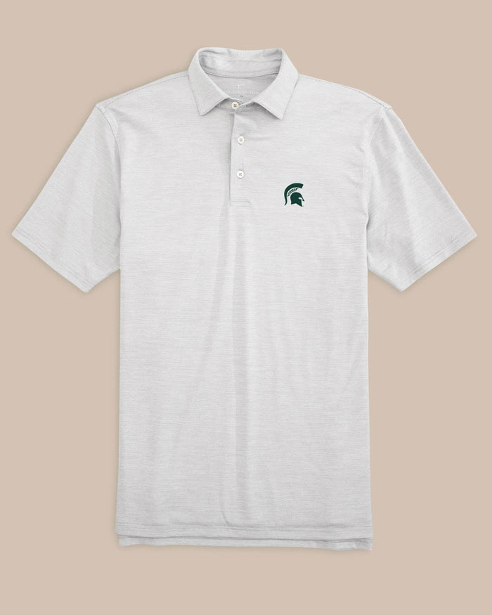 The front view of the Southern Tide Michigan State Spartans Driver Spacedye Polo Shirt by Southern Tide - Slate Grey