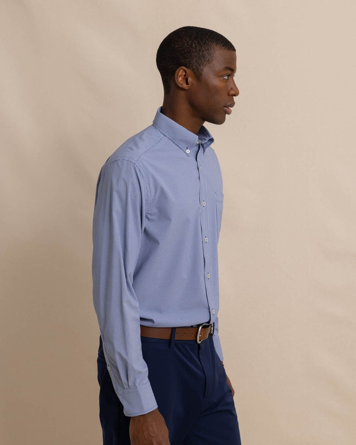 The front view of the Men's Micro Gingham Brrr Intercoastal Sport Shirt by Southern Tide - Seven Seas Blue