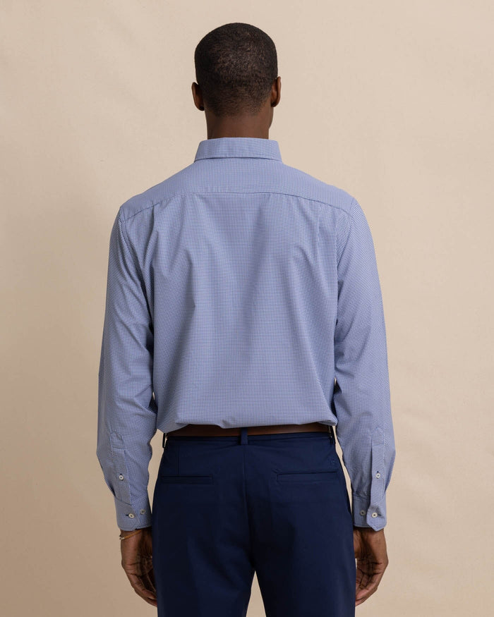 The back view of the Men's Micro Gingham Brrr Intercoastal Sport Shirt by Southern Tide - Seven Seas Blue