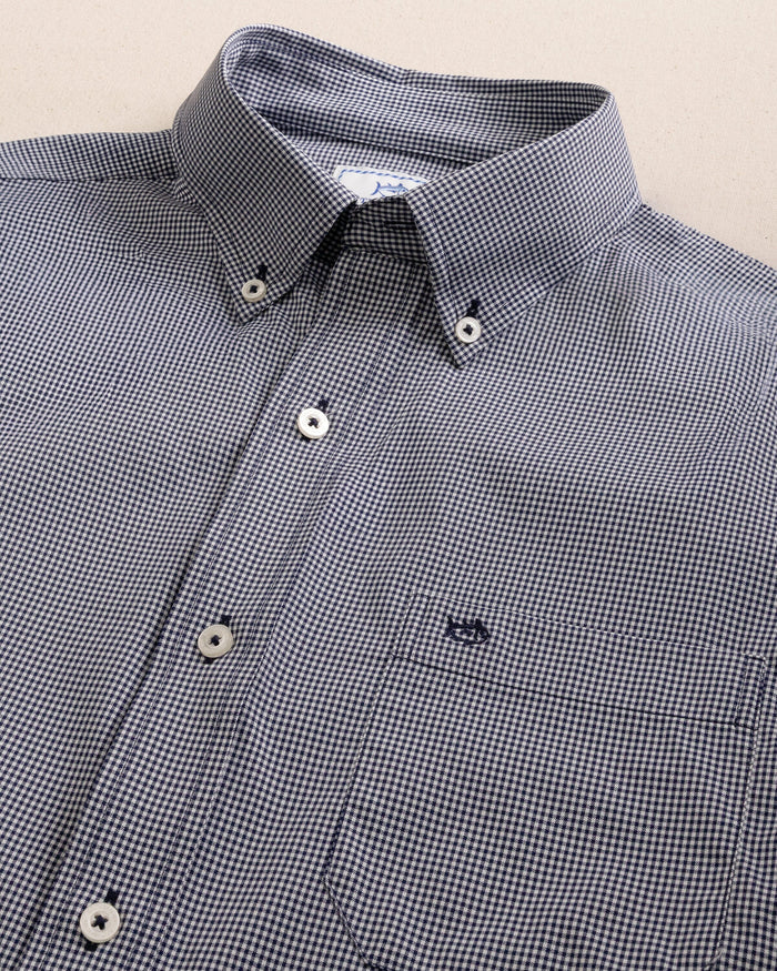 The detail view of the Southern Tide Micro Gingham Intercoastal Performance Sport Shirt by Southern Tide - True Navy