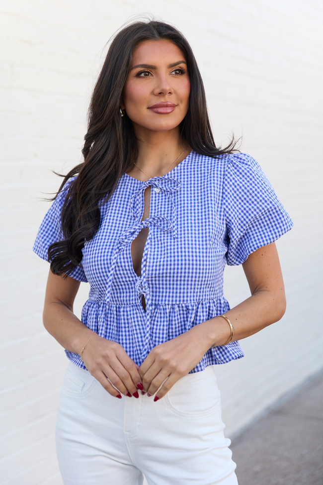 Mila Blue Gingham Tie Front Flounce Woven Blouse FINAL SALE