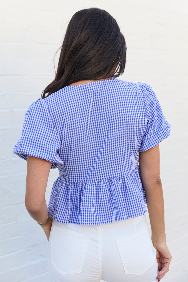 Mila Blue Gingham Tie Front Flounce Woven Blouse FINAL SALE