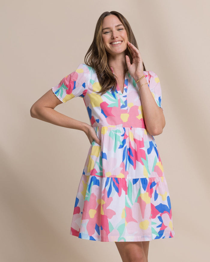 The front view of the Southern Tide Mina Floral Print Dress by Southern Tide - Classic White