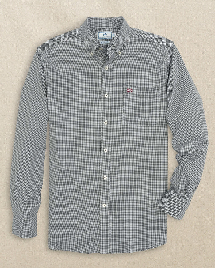 The front view of the Southern Tide Mississippi State Bulldogs Gingham Button Down Shirt by Southern Tide - Black
