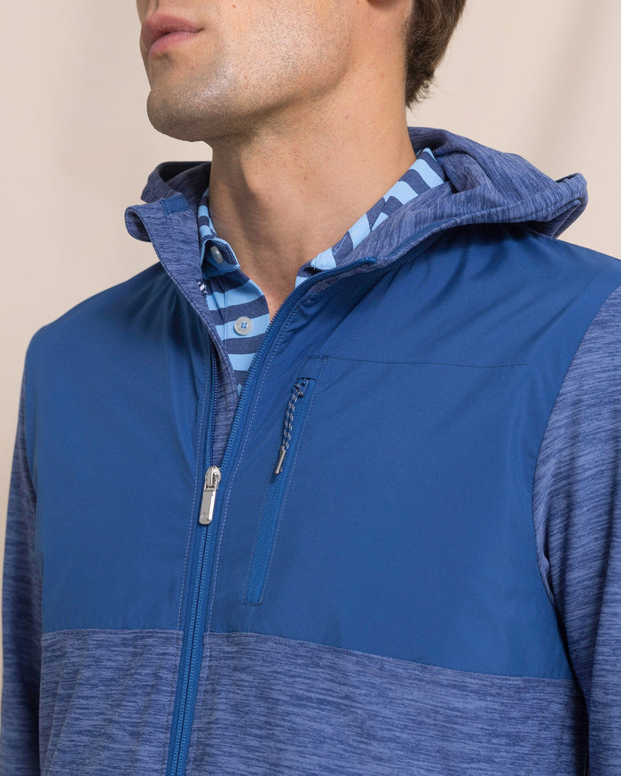 The detail view of the Southern Tide Mixed Media Full Zip Jacket by Southern Tide - Heather Nautical Blue