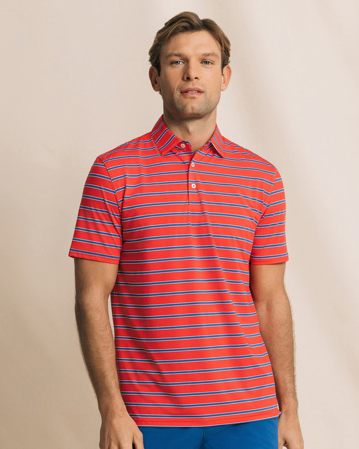 The front view of the Southern Tide Moonlight Bay Stripe Coastal Breeze® Performance Polo by Southern Tide - Channel Marker Red