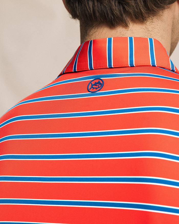 The detail view of the Southern Tide Moonlight Bay Stripe Coastal Breeze® Performance Polo by Southern Tide - Channel Marker Red