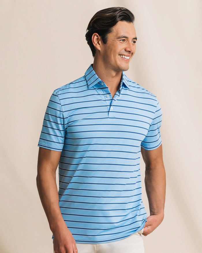 The front view of the Southern Tide Moonlight Bay Stripe Coastal Breeze® Performance Polo by Southern Tide - Ocean Channel