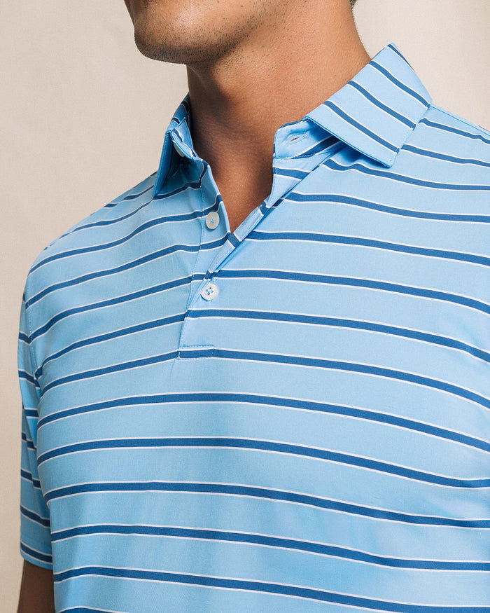 The detail view of the Southern Tide Moonlight Bay Stripe Coastal Breeze® Performance Polo by Southern Tide - Ocean Channel
