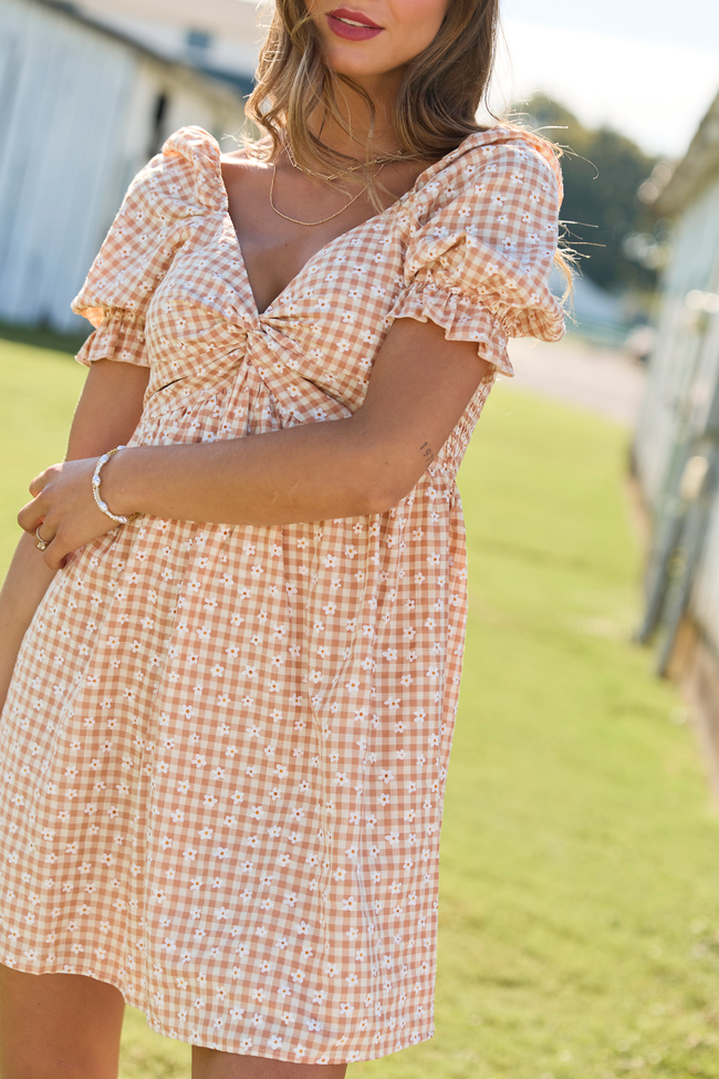More Duets Neutral Floral Gingham Mini Dress
