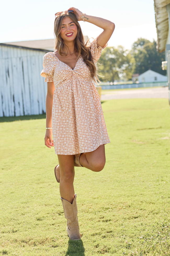 More Duets Neutral Floral Gingham Mini Dress