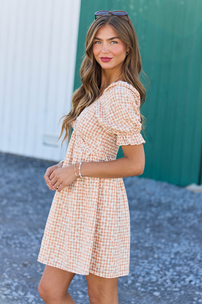 More Duets Neutral Floral Gingham Mini Dress