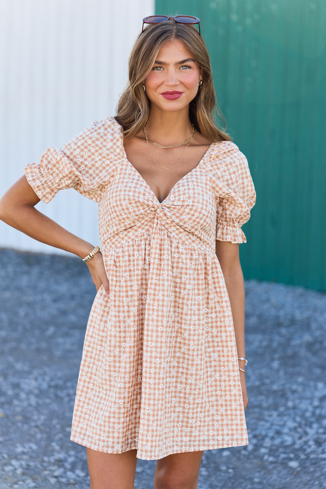 More Duets Neutral Floral Gingham Mini Dress