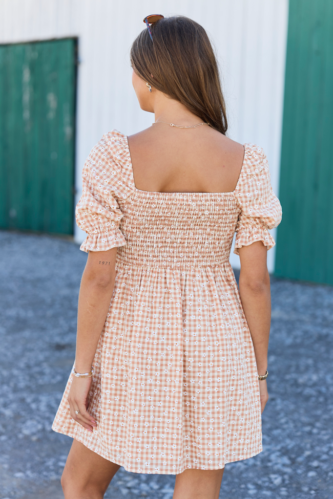 More Duets Neutral Floral Gingham Mini Dress