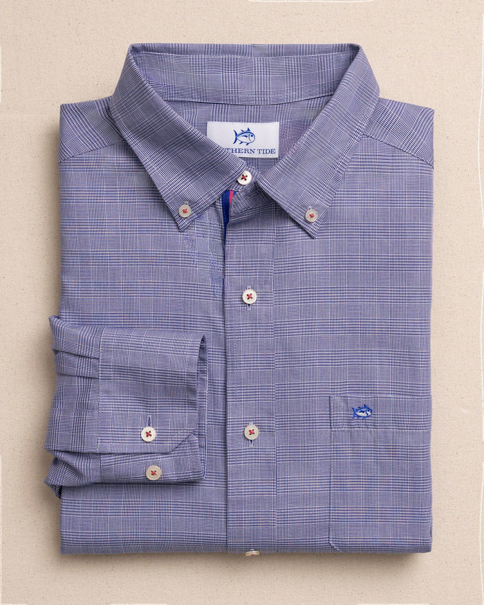 The front view of the Southern Tide Moultrie Plaid Sport Shirt by Southern Tide - Nautical Blue