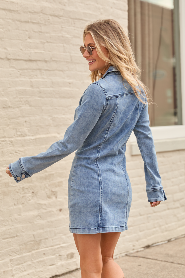 My Favorite Stretchy Long Sleeve Denim Pocket Mini Dress FINAL SALE