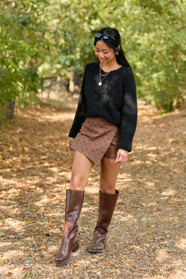 My Favorite Stretchy Polka Dot Denim Skort Brown