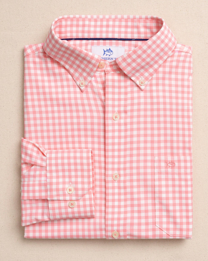 The front view of the Southern Tide Nassau Gingham Coastal Breeze® Sport Shirt by Southern Tide - Sea Pink