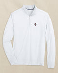 The front view of the Southern Tide NC State Wolf Head Cruiser Micro-Stripe Heather Quarter Zip by Southern Tide - Heather Slate Grey