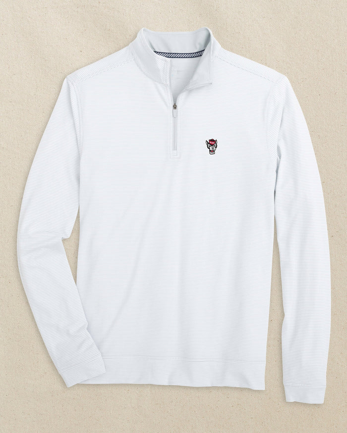 The front view of the Southern Tide NC State Wolf Head Cruiser Micro-Stripe Heather Quarter Zip by Southern Tide - Heather Slate Grey