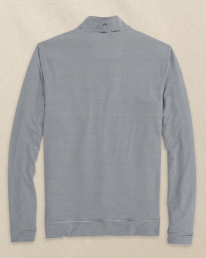 The back view of the Southern Tide NC State Wolf Head Cruiser Micro-Stripe Heather Quarter Zip by Southern Tide - Heather Black