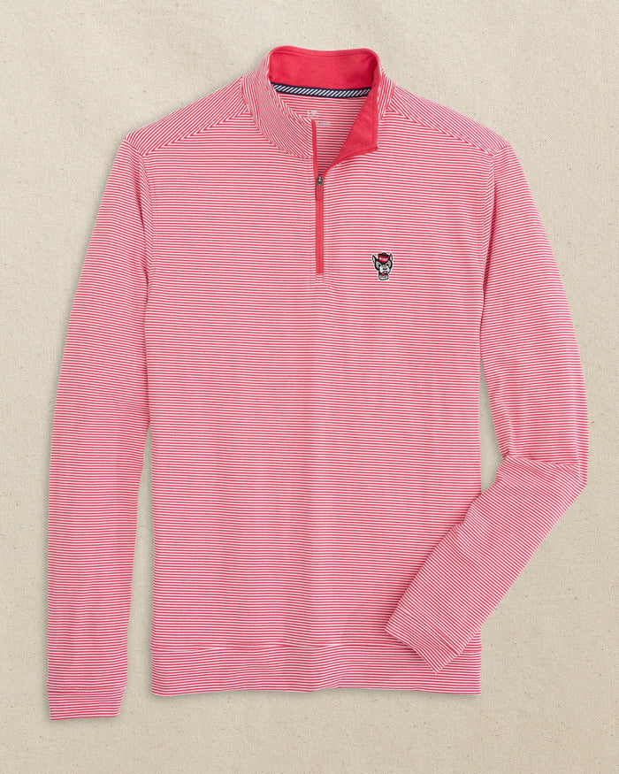 The front view of the Southern Tide NC State Wolf Head Cruiser Micro-Stripe Heather Quarter Zip by Southern Tide - Heather Varsity Red