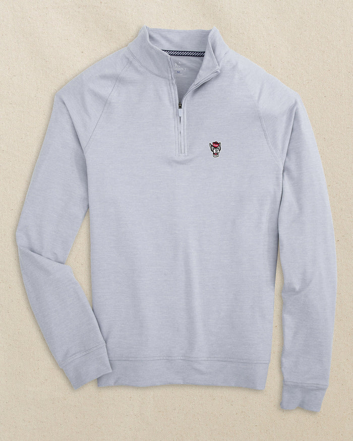The front view of the Southern Tide NC State Wolf Head Cruiser Quarter Zip by Southern Tide - Heather Slate Grey