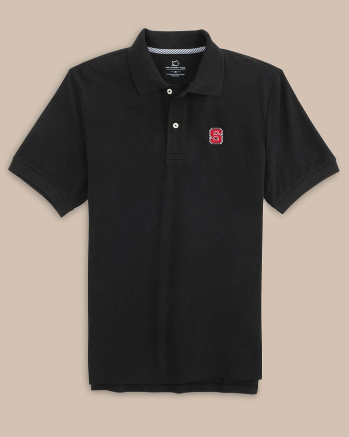 The front view of the NC State Wolfpack New Short Sleeve Skipjack Polo by Southern Tide - Black