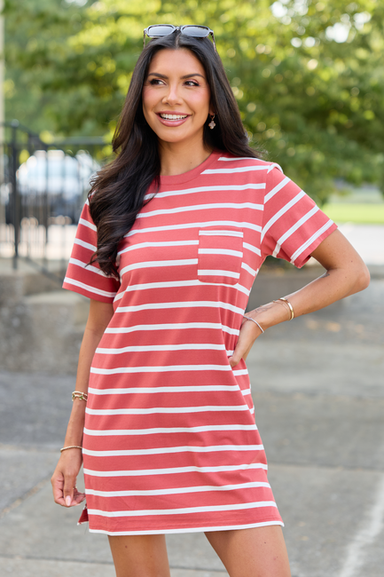 Never A Dull Moment Striped Tee Dress Rust