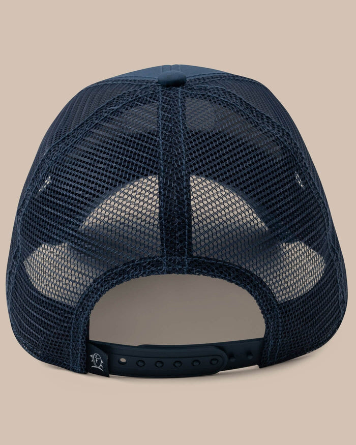 The back view of the Men's North Carolina Patch Performance Trucker Hat by Southern Tide - Seven Seas Blue