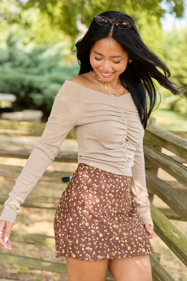 Nothing Ordinary Taupe Ruched Off Shoulder Top
