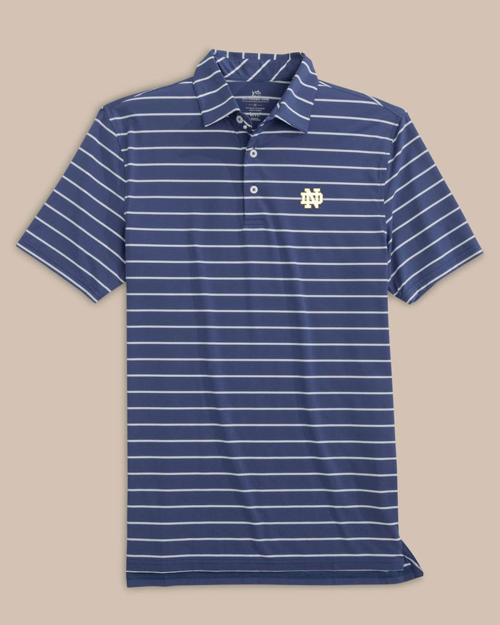 The front view of the Notre Dame Fighting Irish brrr°®-eeze Desmond Stripe Polo by Southern Tide - Navy