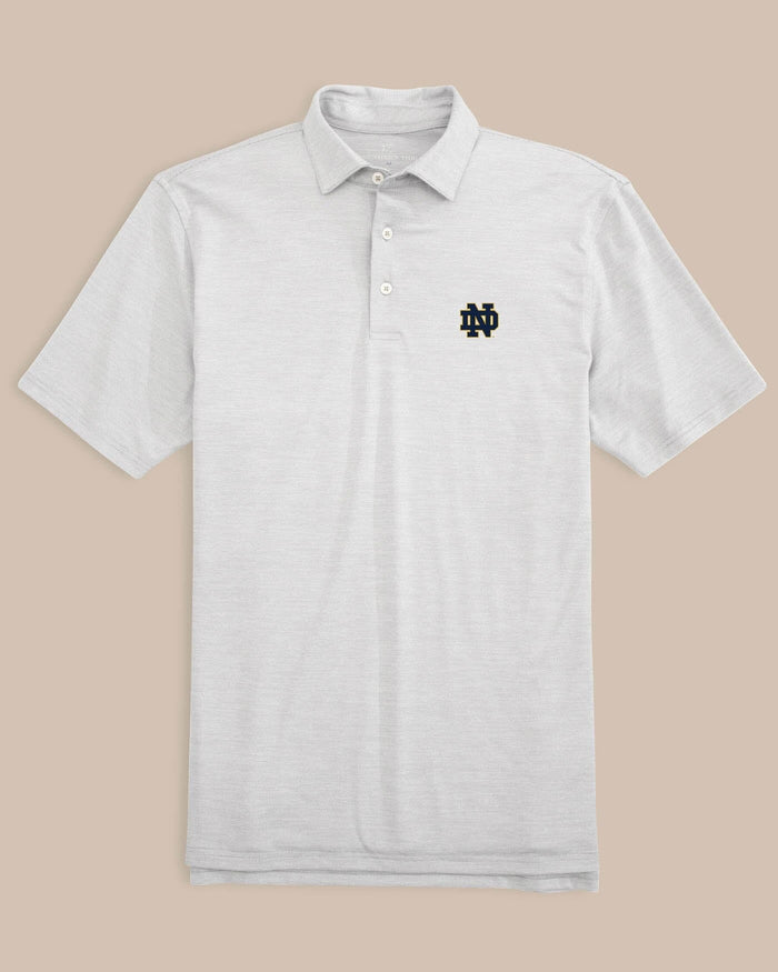 The front view of the Notre Dame Fighting Irish Driver Spacedye Polo Shirt by Southern Tide - Slate Grey