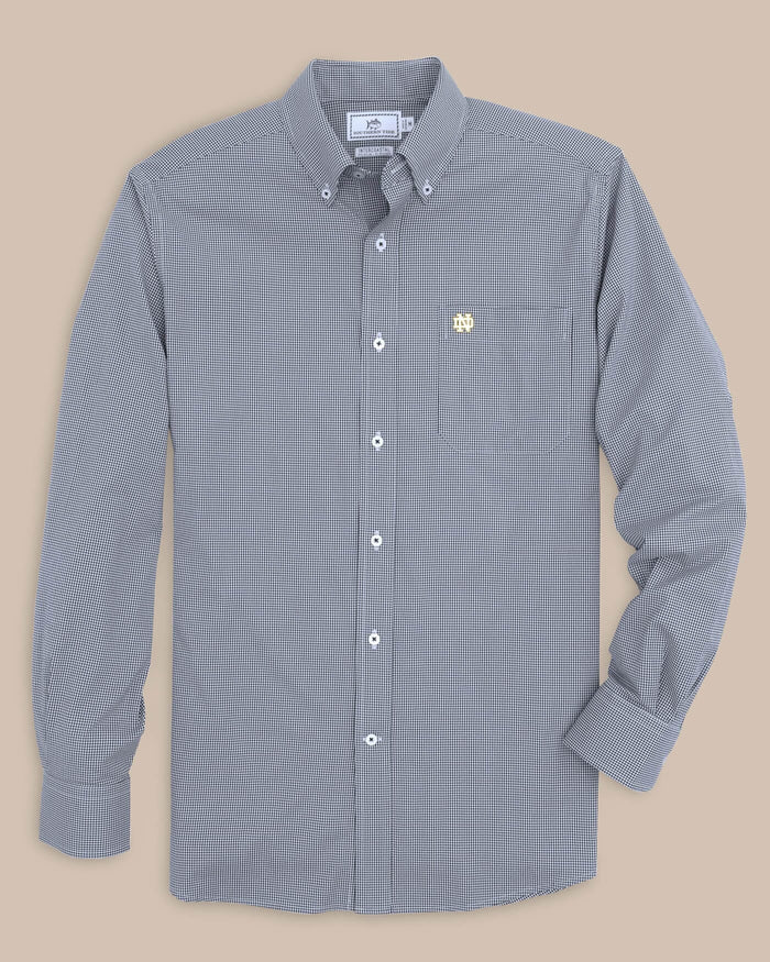 The front view of the Notre Dame Fighting Irish Gingham Button Down Shirt by Southern Tide - Navy