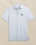 The front view of the Southern Tide Notre Dame Leprechaun Driver Dunes Edge Plaid Polo by Southern Tide - Slate Grey