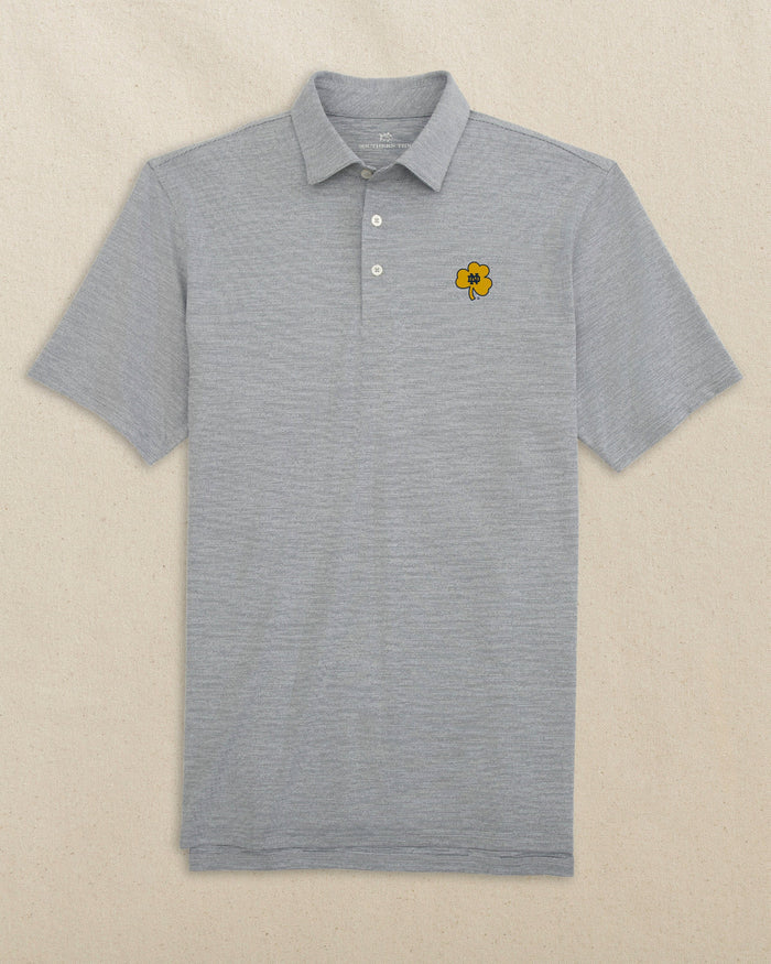 The front view of the Southern Tide Notre Dame Shamrock Driver Spacedye Polo by Southern Tide - Navy