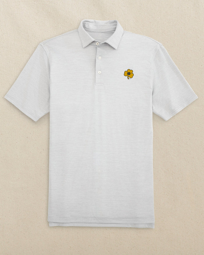 The front view of the Southern Tide Notre Dame Shamrock Driver Spacedye Polo by Southern Tide - Slate Grey