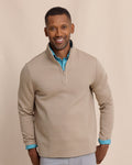 The front view of the Southern Tide Oak Island Reversible Quarter Zip by Southern Tide - Sandstone Khaki